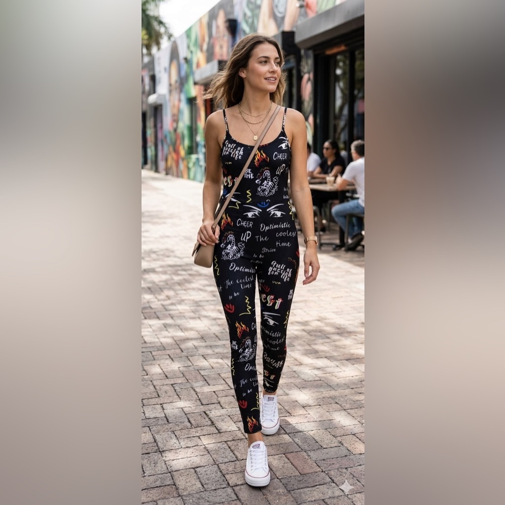 SHEIN Essence Graffiti Letter Print Camisole Jumpsuit Black Size Large